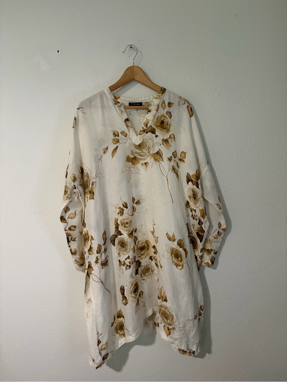 ESKANDAR Laganlook White Brown Lux Floral Linen Dress Size 1 US 6-10